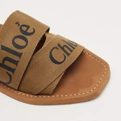 Pre Owned Chloe Brown Canvas Logo Ribbon Woody Flat Slide Sandals Size 41