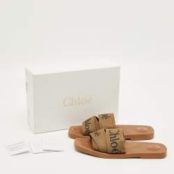 Pre Owned Chloe Brown Canvas Logo Ribbon Woody Flat Slide Sandals Size 41