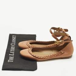 Pre Owned Chloe Brown Leather Braided Cuff Ballet Flats Size 37
