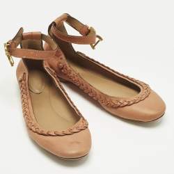 Pre Owned Chloe Brown Leather Braided Cuff Ballet Flats Size 37