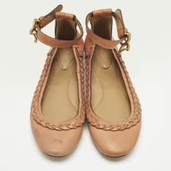 Pre Owned Chloe Brown Leather Braided Cuff Ballet Flats Size 37