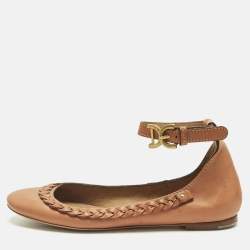 Pre Owned Chloe Brown Leather Braided Cuff Ballet Flats Size 37