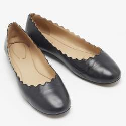 مملوكة مسبقًا Chloe Black Leather Lauren Scalloped Ballet Flats Size 41