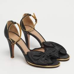 Pre Owned صندل كعبي كلوي ج�لد أسود بفيونكة ورباط للكاحل مقاس 39