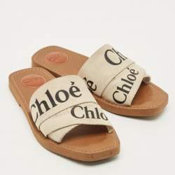 مملوكة مسبقًا Chloe Woody Size 38 White Canvas Flat Slide