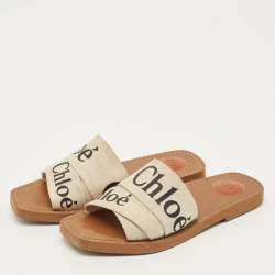 مملوكة مسبقًا Chloe Woody Size 38 White Canvas Flat Slide