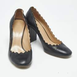 Pre Owned حذاء كعب عالي كلوي جلد أسود نمط متموج كعب مربع سميك مقاس 37