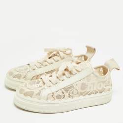 Pre Owned Chloe Lauren Size 39 Cream Lace and Leather Low Top Sneakers
