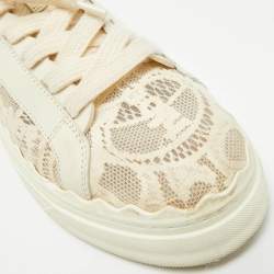 Pre Owned Chloe Lauren Size 39 Cream Lace and Leather Low Top Sneakers