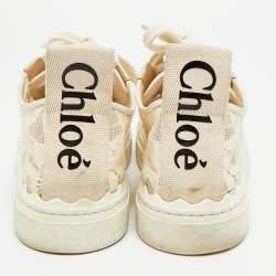 Pre Owned Chloe Lauren Size 39 Cream Lace and Leather Low Top Sneakers