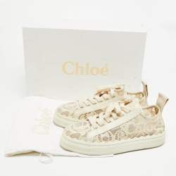 Pre Owned Chloe Lauren Size 39 Cream Lace and Leather Low Top Sneakers