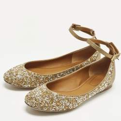 مملوكة مسبقًا Chloe Size 40 Gold/Silver Glitter and Leather Ankle Strap Ballet Flats