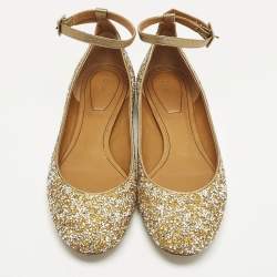 مملوكة مسبقًا Chloe Size 40 Gold/Silver Glitter and Leather Ankle Strap Ballet Flats