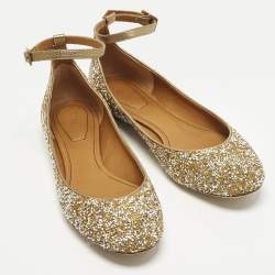 مملوكة مسبقًا Chloe Size 40 Gold/Silver Glitter and Leather Ankle Strap Ballet Flats