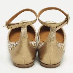 مملوكة مسبقًا Chloe Size 40 Gold/Silver Glitter and Leather Ankle Strap Ballet Flats