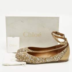 مملوكة مسبقًا Chloe Size 40 Gold/Silver Glitter and Leather Ankle Strap Ballet Flats
