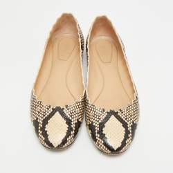Pre Owned Chloé Lauren Scalloped  Size 35.5 Beige/Biege Python Embossed Leather Ballet Flats