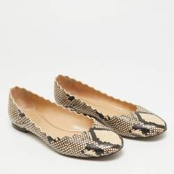 Pre Owned Chloé Lauren Scalloped  Size 35.5 Beige/Biege Python Embossed Leather Ballet Flats