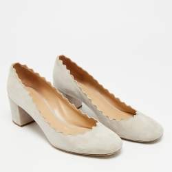 Pre Owned Chloe Laurena Scalloped Size 40 Light Grey Suede Block Heel Pumps
