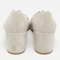 Pre Owned Chloe Laurena Scalloped Size 40 Light Grey Suede Block Heel Pumps