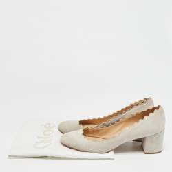 Pre Owned Chloe Laurena Scalloped Size 40 Light Grey Suede Block Heel Pumps