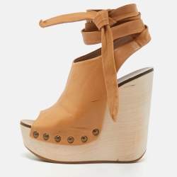 مملوكة مسبقًا Chloé Size 37.5 Tan Leather Open Toe Platform Wedge Sandals