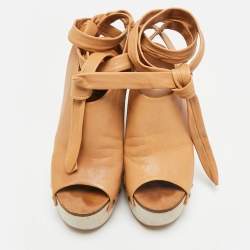 Pre Owned Chloé Size 37.5 Tan Leather Open Toe Platform Wedge Sandals