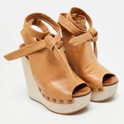 Pre Owned Chloé Size 37.5 Tan Leather Open Toe Platform Wedge Sandals