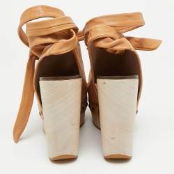 Pre Owned Chloé Size 37.5 Tan Leather Open Toe Platform Wedge Sandals