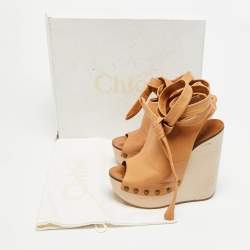 Pre Owned Chloé Size 37.5 Tan Leather Open Toe Platform Wedge Sandals