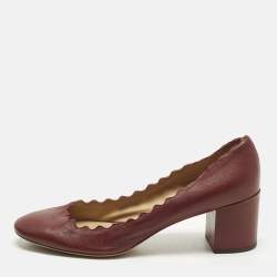Pre Owned Chloe Size 38.5 Burgundy Leather Lauren Scallop Trim Block Heel Pumps