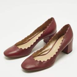 Pre Owned Chloe Size 38.5 Burgundy Leather Lauren Scallop Trim Block Heel Pumps