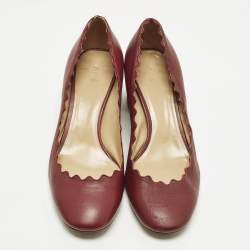 Pre Owned Chloe Size 38.5 Burgundy Leather Lauren Scallop Trim Block Heel Pumps