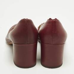 Pre Owned Chloe Size 38.5 Burgundy Leather Lauren Scallop Trim Block Heel Pumps