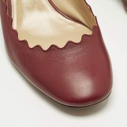 Pre Owned Chloe Size 38.5 Burgundy Leather Lauren Scallop Trim Block Heel Pumps