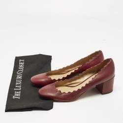 Pre Owned Chloe Size 38.5 Burgundy Leather Lauren Scallop Trim Block Heel Pumps