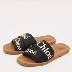 Pre Owned Chloe Woody Size 39 Black Canvas Flat Slides