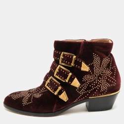 Pre Owned Chloe Susanna Studded Size 39 Burgundy Velvet Ankle Boots