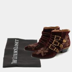 Pre Owned Chloe Susanna Studded Size 39 Burgundy Velvet Ankle Boots