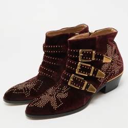 Pre Owned Chloe Susanna Studded Size 39 Burgundy Velvet Ankle Boots