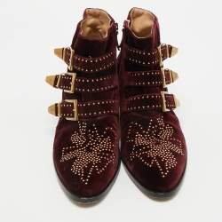 Pre Owned Chloe Susanna Studded Size 39 Burgundy Velvet Ankle Boots