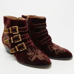 Pre Owned Chloe Susanna Studded Size 39 Burgundy Velvet Ankle Boots