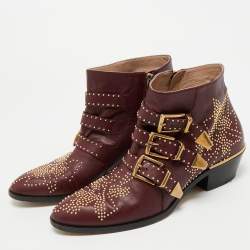 Pre Owned Chloe Susanna Size 38 Burgundy Leather Ankle Boots