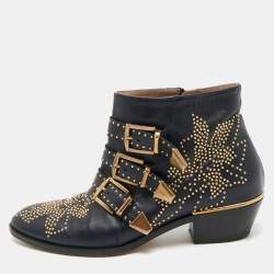 Pre Owned Chloe Susanna Studded Size 38 Navy Blue Leather Ankle Boots