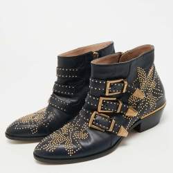 Pre Owned Chloe Susanna Studded Size 38 Navy Blue Leather Ankle Boots