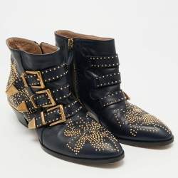 Pre Owned Chloe Susanna Studded Size 38 Navy Blue Leather Ankle Boots