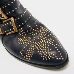 Pre Owned Chloe Susanna Studded Size 38 Navy Blue Leather Ankle Boots