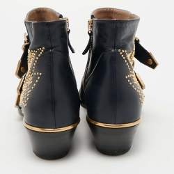 Pre Owned Chloe Susanna Studded Size 38 Navy Blue Leather Ankle Boots