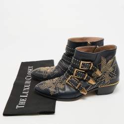 Pre Owned Chloe Susanna Studded Size 38 Navy Blue Leather Ankle Boots