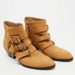 Pre Owned Chloe Susanna Studded Size 38.5 Tan Nubuck Leather Ankle Boots